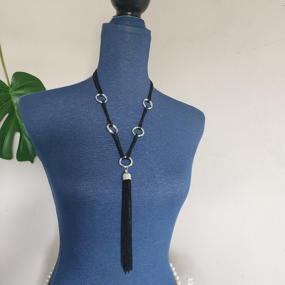 Long Multi Black Chain Necklace with Tassel and Matching Earrings Set - Picture 1 of 10